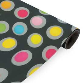 Inpakpapier Zwart + multicolour stippen 50cm x 200mtr