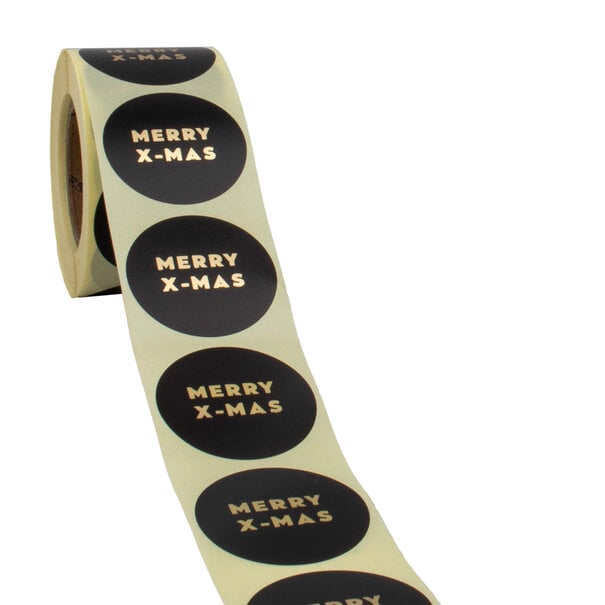 Levering uit voorraad 500x  Sticker 'Merry x-mas' Zwart-Goud 40mm