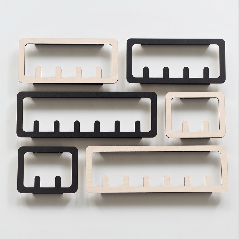 Self-adhesive wooden wall rail for keys, light towels etc. with 2, 4 or 6 hooks