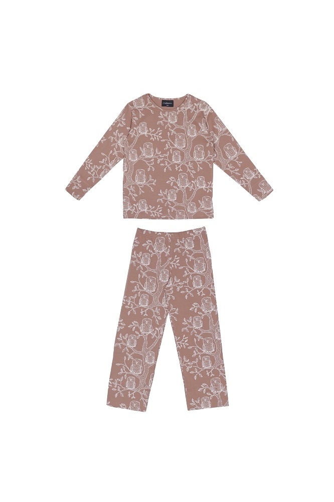 AARRE Kids pyjama "Owl" cacao coloured from organic cotton