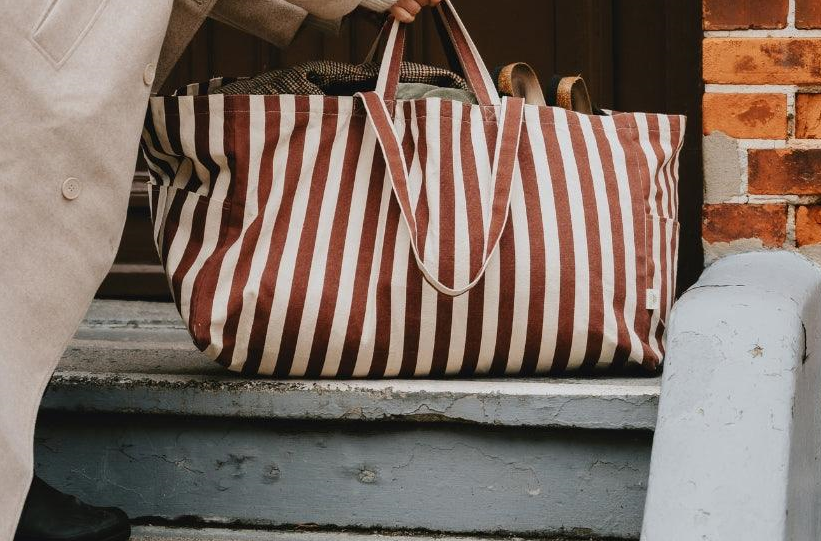 OMOM Shopping bag | Beach bag | Tote bag made from organic cotton, striped brown