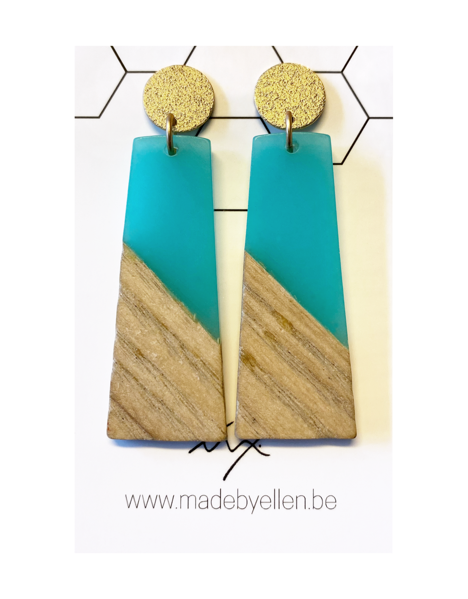 oorbEllen hars&hout trapezium turquoise