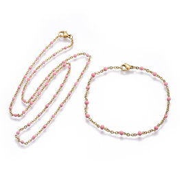 Armbandje & ketting RVS bolletjes roze