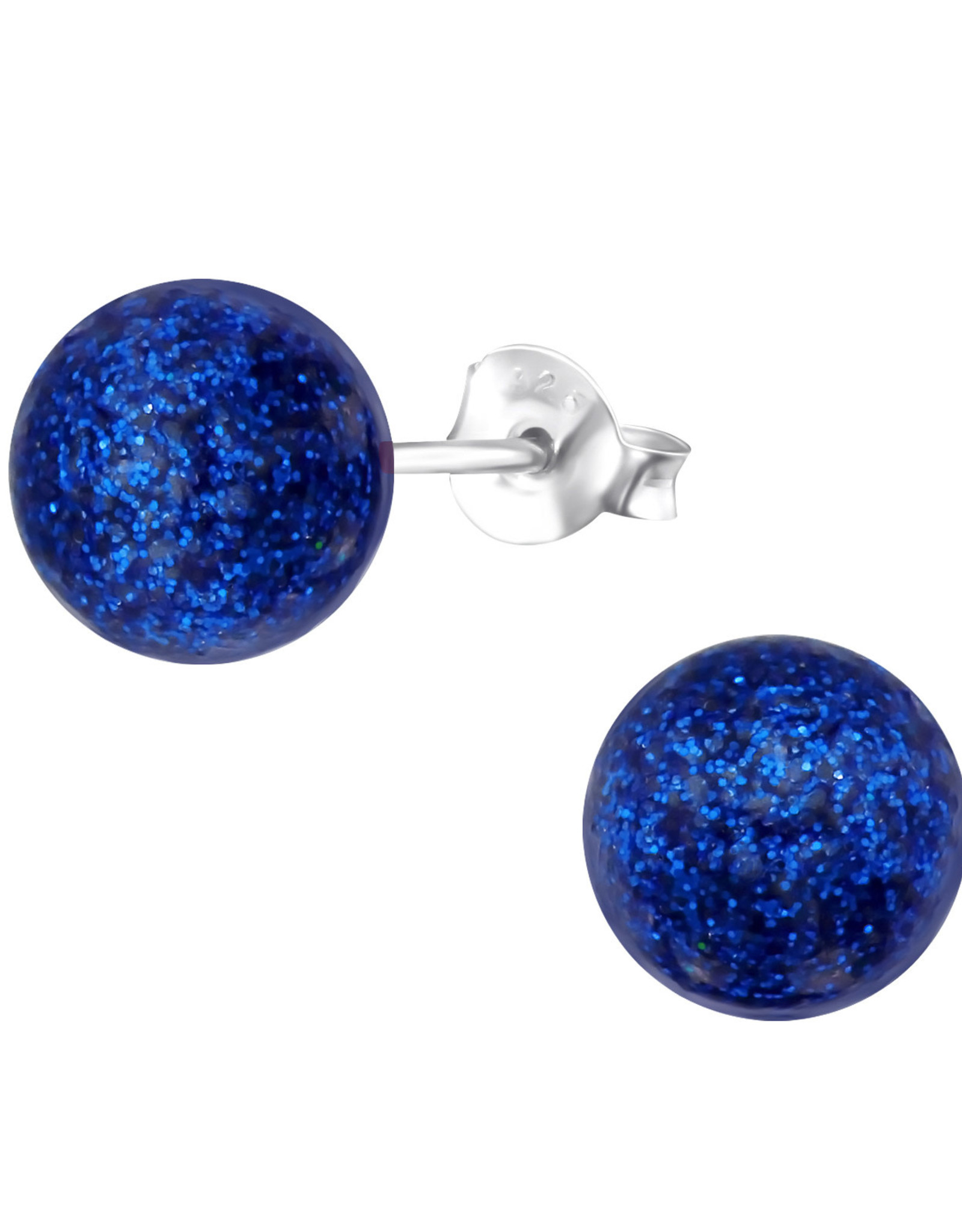 Stekertjes zilver bolletje 6mm glitter blauw