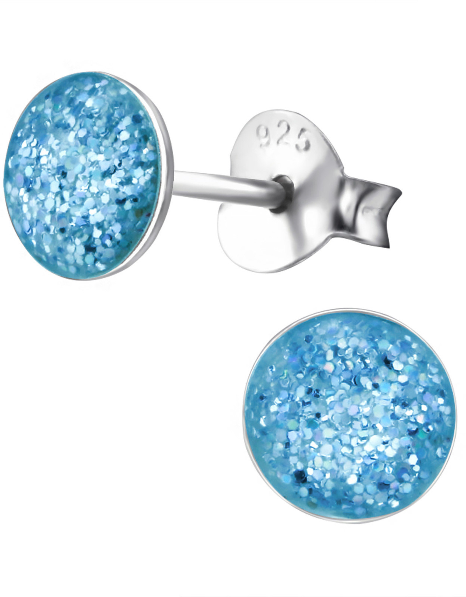 Stekertjes zilver rond 5mm glitter blauw