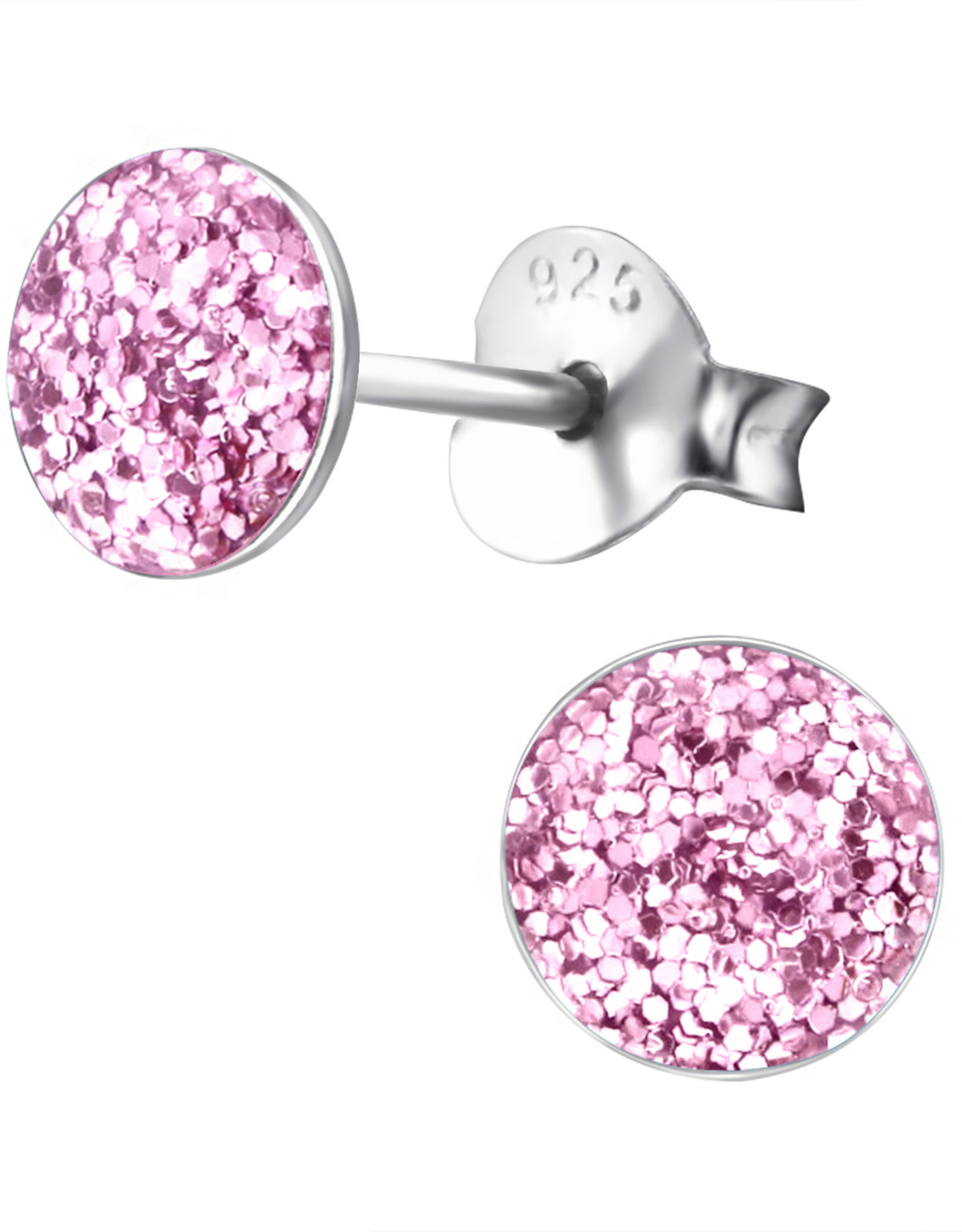 Stekertjes zilver rond 5mm glitter roze