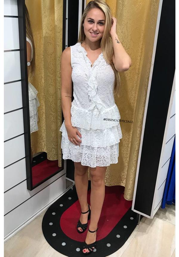 WHITE - 'NINA' LACE RUFFLE DRESS