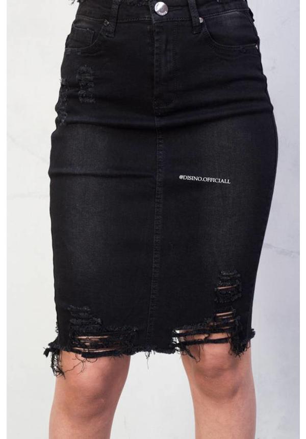 BLACK - MIDI DISTRESSED DENIM SKIRT