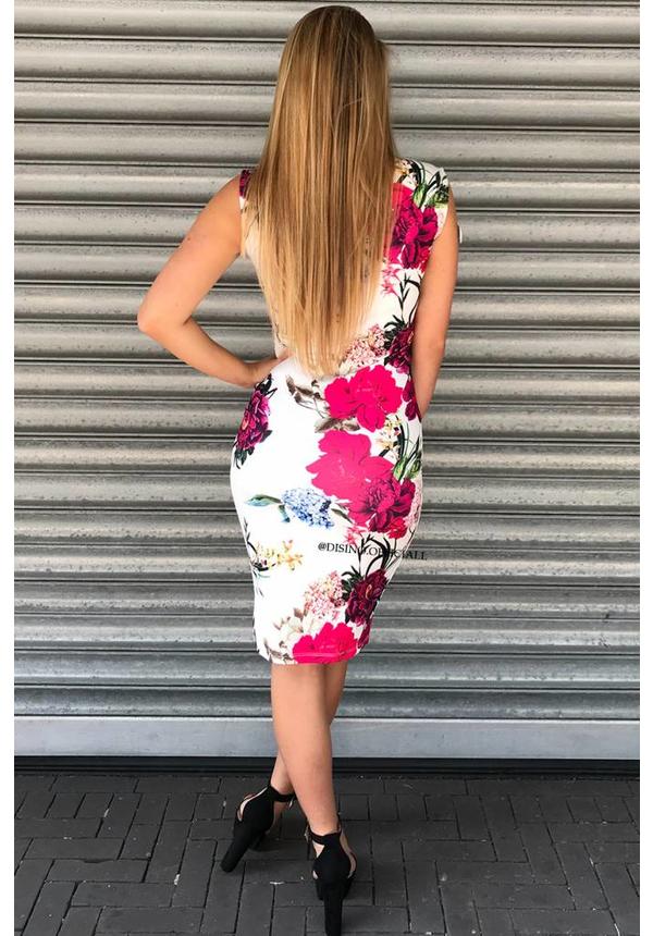 WHITE - 'FUCHSIA' FLOWER MIDI DRESS