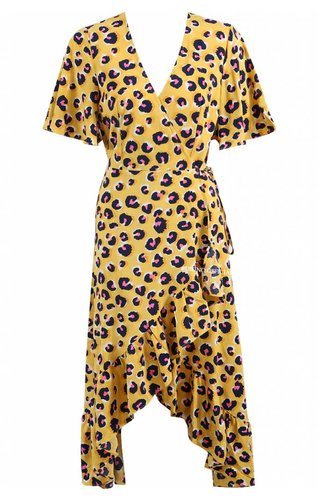 YELLOW - 'MANDY' - LEOPARD RUFFLE WRAP MIDI DRESS YELLOW - 'MANDY' - LEOPARD RUFFLE WRAP MIDI DRESS