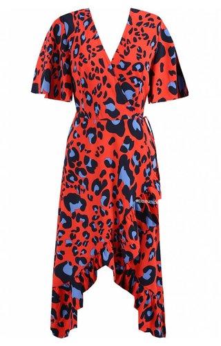 RED - 'MANDY' - LEOPARD RUFFLE WRAP MIDI DRESS RED - 'MANDY' - LEOPARD RUFFLE WRAP MIDI DRESS