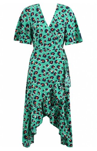 GREEN - 'MANDY' - LEOPARD RUFFLE WRAP MIDI DRESS GREEN - 'MANDY' - LEOPARD RUFFLE WRAP MIDI DRESS