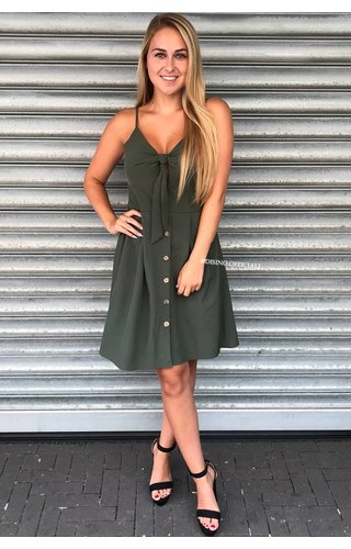 KHAKI GREEN - 'JENNY' - TIE UP BUTTON DRESS KHAKI GREEN - 'JENNY' - TIE UP BUTTON DRESS