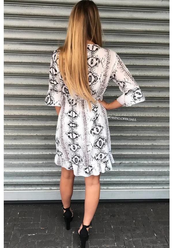 WHITE - 'ALEXIS' - SNAKE PRINT RUFFLE DRESS