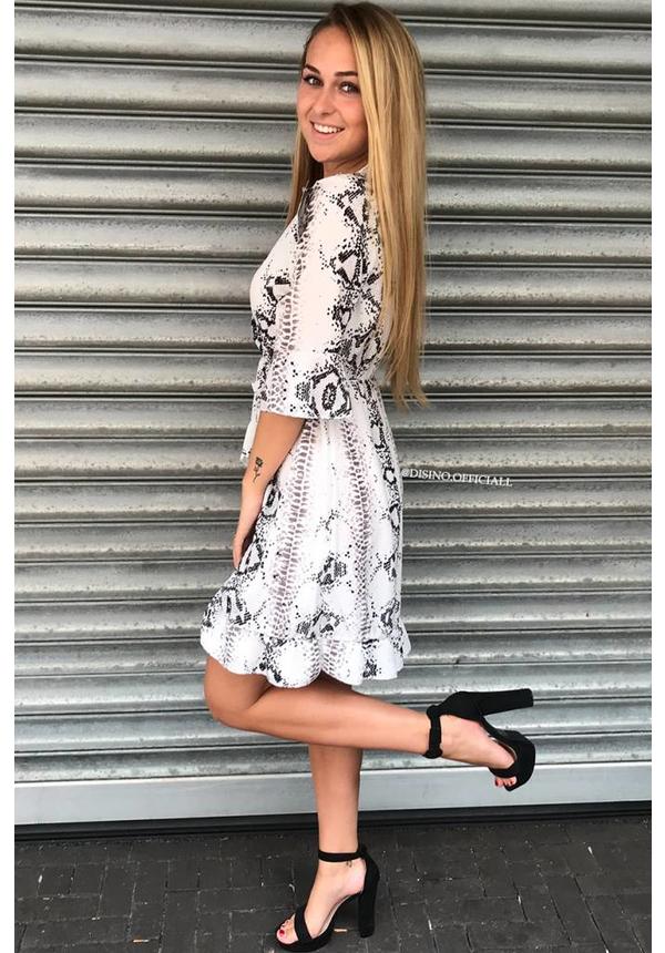 WHITE - 'ALEXIS' - SNAKE PRINT RUFFLE DRESS