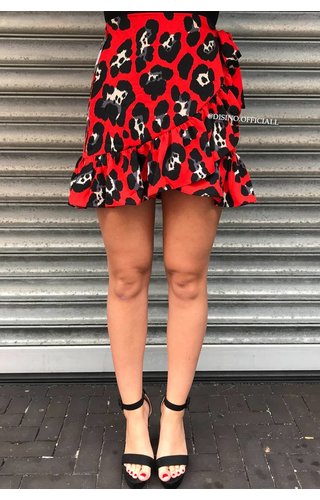 CORAL RED - 'LEONIE' - LEOPARD WRAP RUFFLE SKIRT CORAL RED - 'LEONIE' - LEOPARD WRAP RUFFLE SKIRT