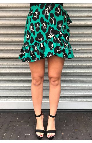 GREEN - 'LEONIE' - LEOPARD WRAP RUFFLE SKIRT GREEN - 'LEONIE' - LEOPARD WRAP RUFFLE SKIRT