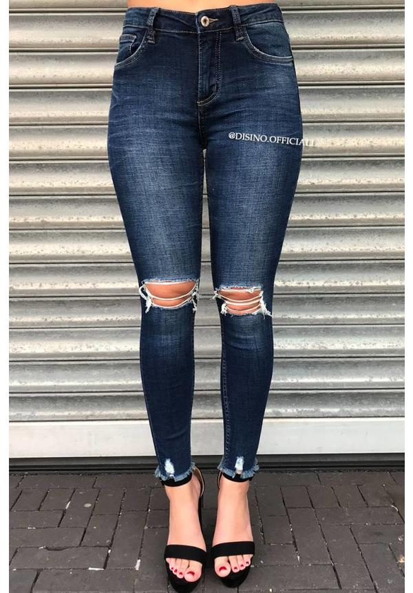 QUEEN HEARTS JEANS - DARK BLUE - SKINNY RIPPED KNEE DETAIL - 9289