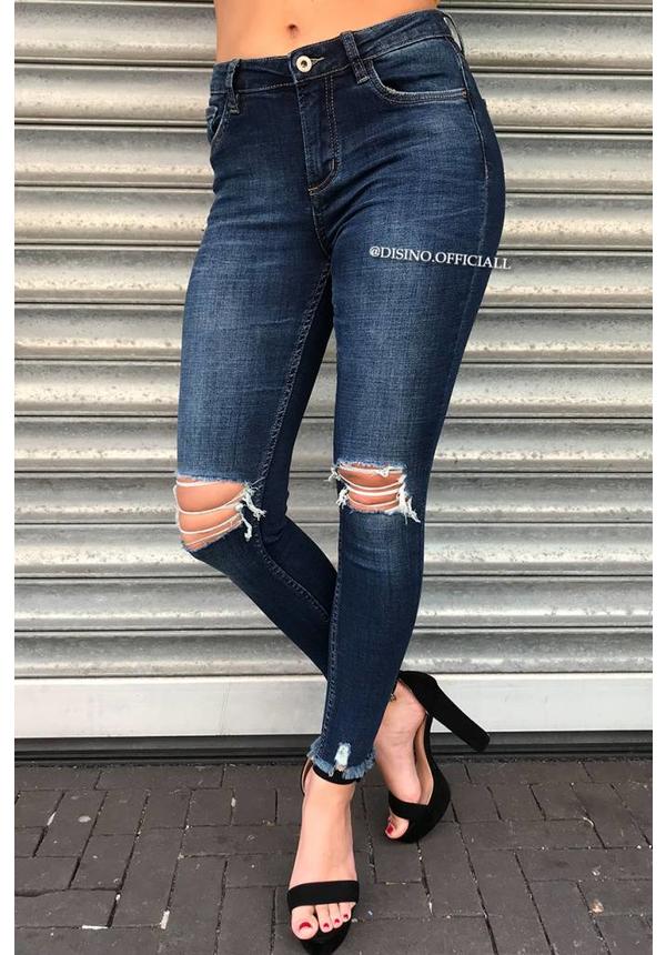 QUEEN HEARTS JEANS - DARK BLUE - SKINNY RIPPED KNEE DETAIL - 9289