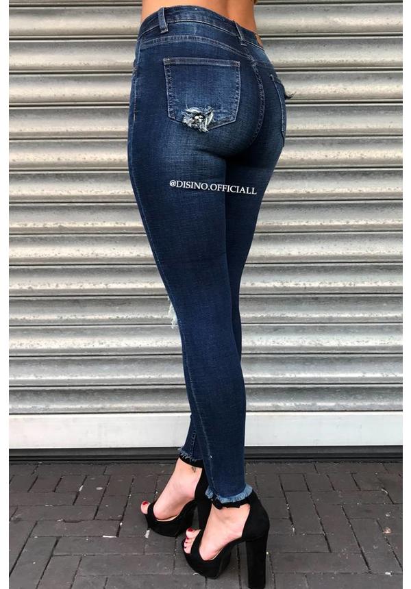 QUEEN HEARTS JEANS - DARK BLUE - SKINNY RIPPED KNEE DETAIL - 9289