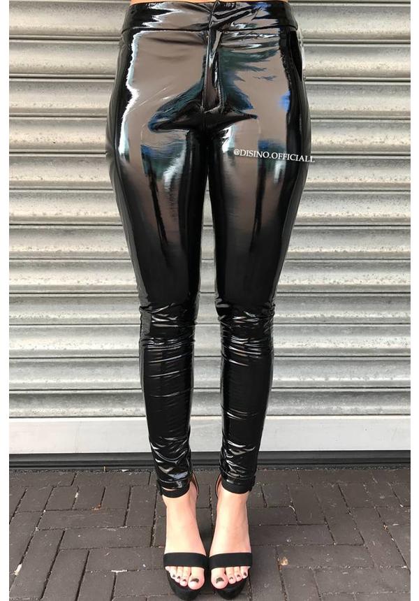 BLACK - 'KAILEE' - VINYL LATEX LOOK POCKET PANTS