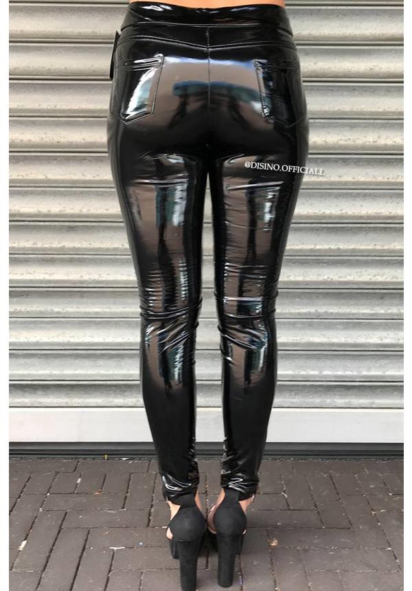 BLACK - 'KAILEE' - VINYL LATEX LOOK POCKET PANTS