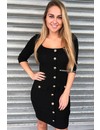 BLACK - 'MONA' - GOLD BUTTON MID SLEEVE DRESS