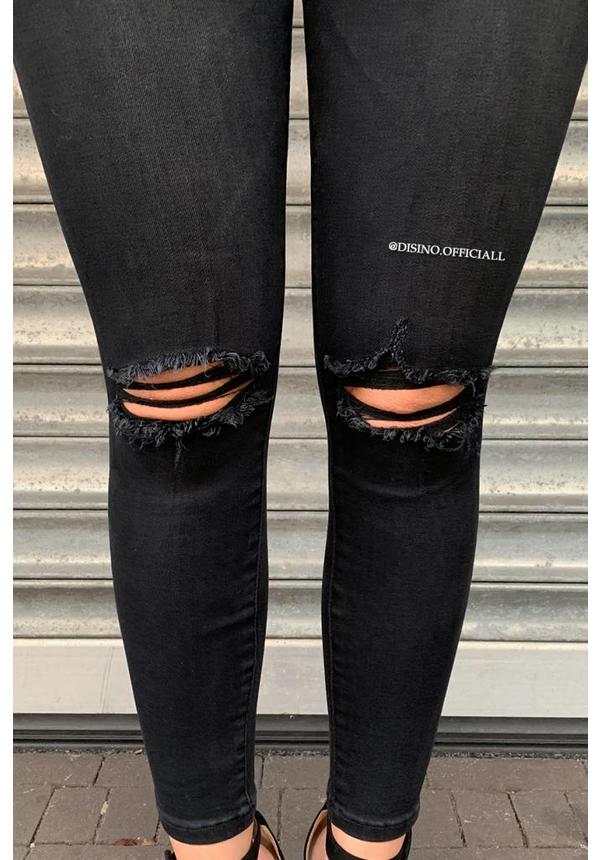 QUEEN HEARTS JEANS - BLACK - SKINNY RIPPED KNEE CROP FRAY HEM - 9377