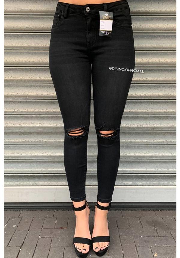 QUEEN HEARTS JEANS - BLACK - SKINNY RIPPED KNEE CROP FRAY HEM - 9377