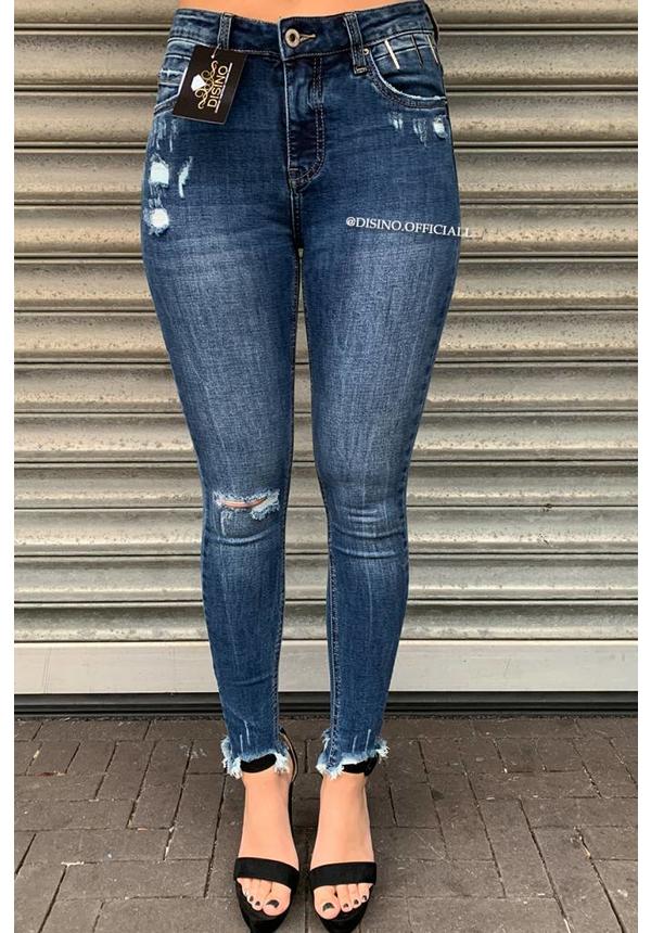 QUEEN HEARTS JEANS - MEDIUM BLUE - SKINNY CROP FRAY HEM - 9343