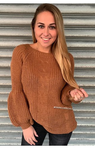 BROWN - 'SOPHIA' - KNITTED COTTON FEEL SWEATER POFMOUW BROWN - 'SOPHIA' - KNITTED COTTON FEEL SWEATER POFMOUW
