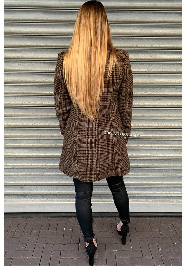 BROWN - 'DORA' - GOLD BUTTON PLAID OVERCOAT