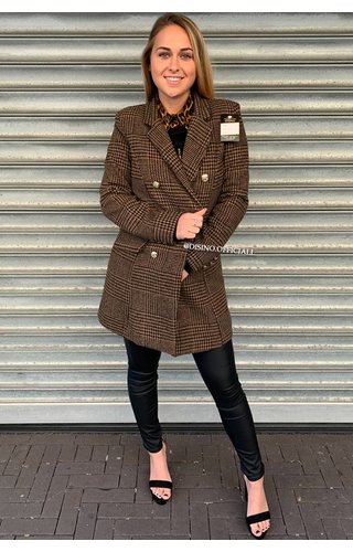 BROWN - 'DORA' - GOLD BUTTON PLAID OVERCOAT BROWN - 'DORA' - GOLD BUTTON PLAID OVERCOAT