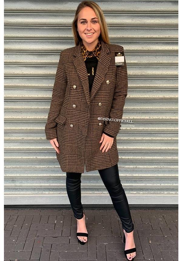 BROWN - 'DORA' - GOLD BUTTON PLAID OVERCOAT