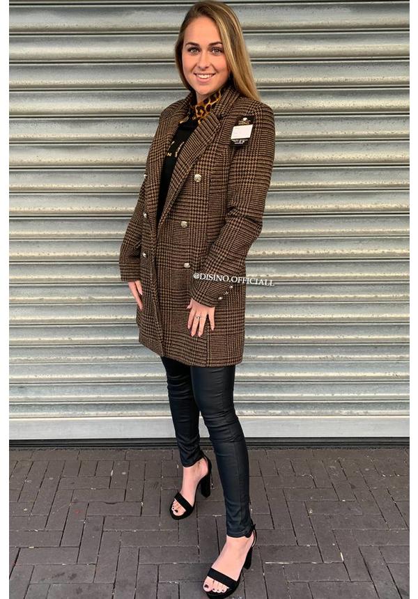 BROWN - 'DORA' - GOLD BUTTON PLAID OVERCOAT