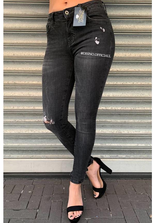 QUEEN HEARTS JEANS - DARK GREY - SKINNY DISTRESSED MID HIGH WAIST - 9305