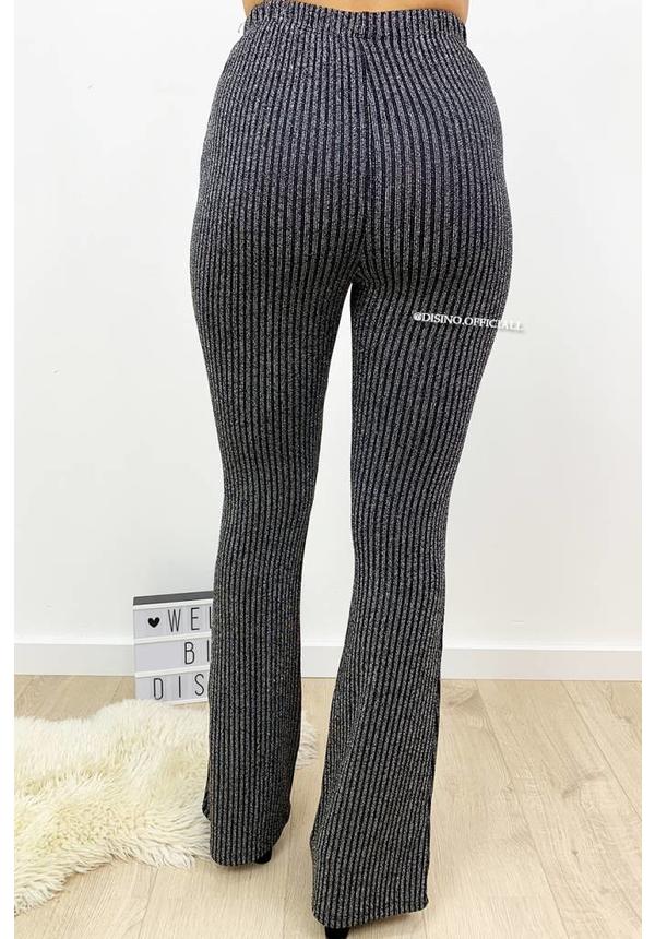 GLITTERLY BLACK - 'DAISY' - RIBBED SPARKLE FLARED PANTS