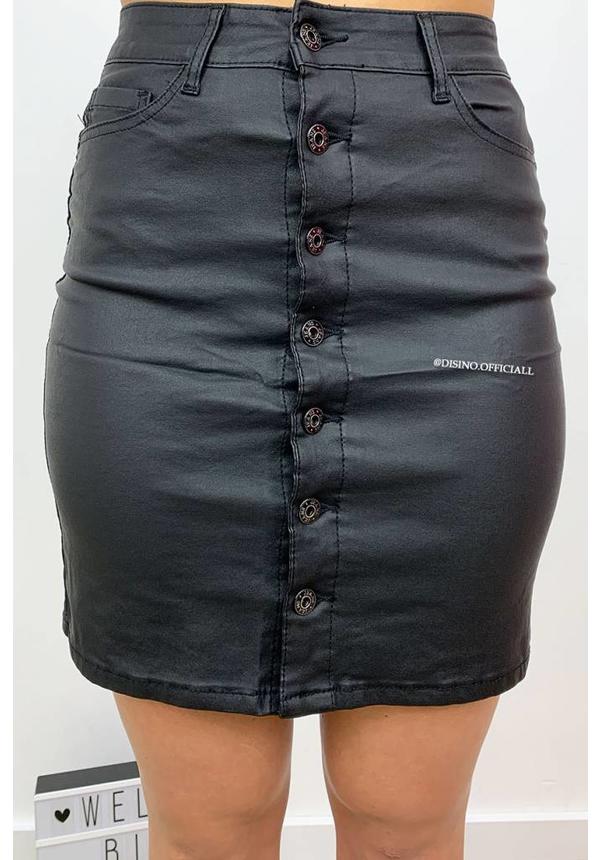 BLACK - 'WENDY' - WAX LOOK BUTTON UP SKIRT