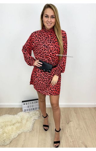 RED - 'DANIELLE' - HIGH NECK LEOPARD PRINT DRESS RED - 'DANIELLE' - HIGH NECK LEOPARD PRINT DRESS