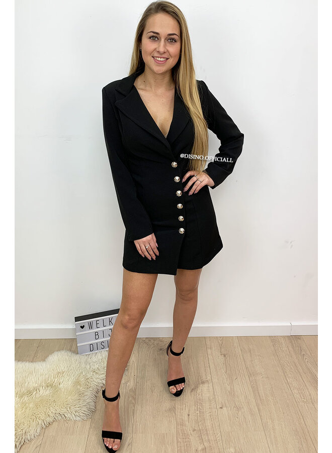 BLACK - 'VERONICA' - GOLD BUTTON BLAZER DRESS