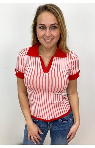 RED - 'EVALYN' - RIBBED COLLAR TOP RED - 'EVALYN' - RIBBED COLLAR TOP