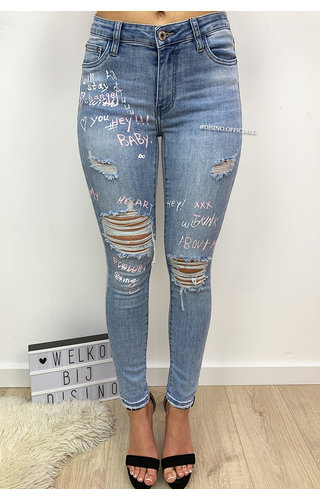 QUEEN HEARTS JEANS - LIGHT BLUE - HIGH WAIST GRAFFITI JEANS - 596 QUEEN HEARTS JEANS - LIGHT BLUE - HIGH WAIST GRAFFITI JEANS - 596