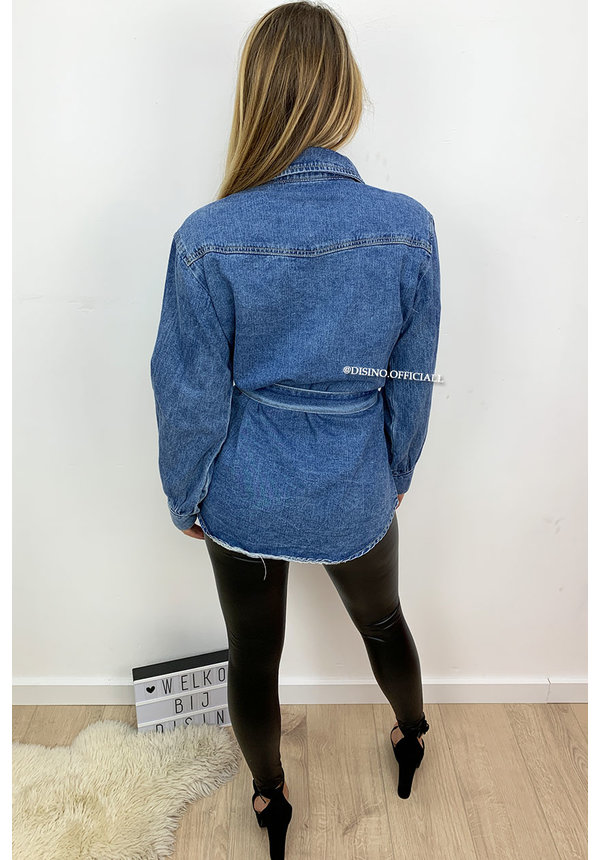 MEDIUM BLUE - 'JANNET' - OVERSIZED DENIM BLOUSE WITH BELT