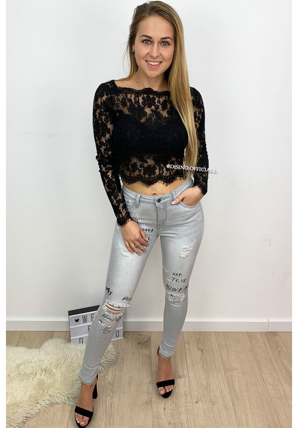 BLACK - 'CHRYSTAL' - LACE LONGSLEEVE CROP TOP