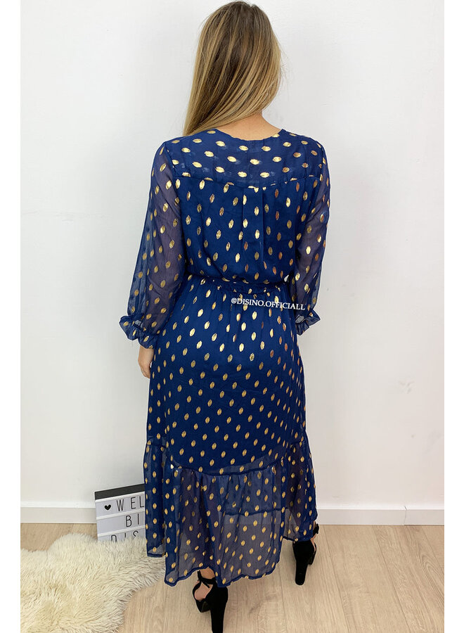 MARINE BLUE - 'FABIENNE' - GOLDEN PAINT DOT MAXI DRESS