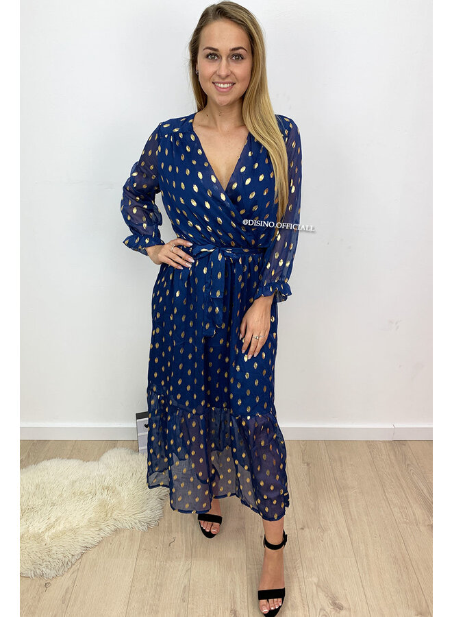 MARINE BLUE - 'FABIENNE' - GOLDEN PAINT DOT MAXI DRESS