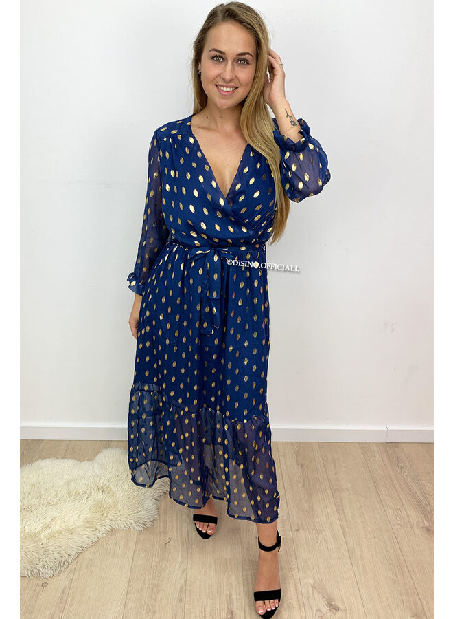 MARINE BLUE - 'FABIENNE' - GOLDEN PAINT DOT MAXI DRESS