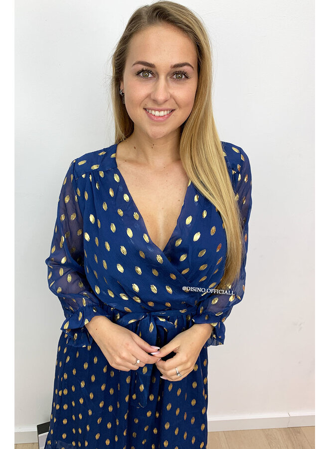 MARINE BLUE - 'FABIENNE' - GOLDEN PAINT DOT MAXI DRESS
