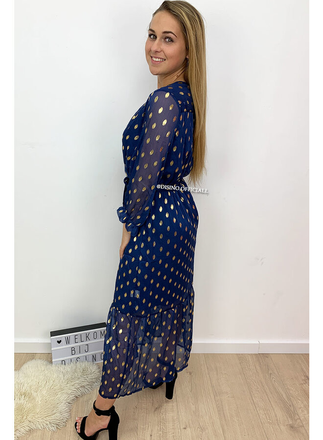 MARINE BLUE - 'FABIENNE' - GOLDEN PAINT DOT MAXI DRESS