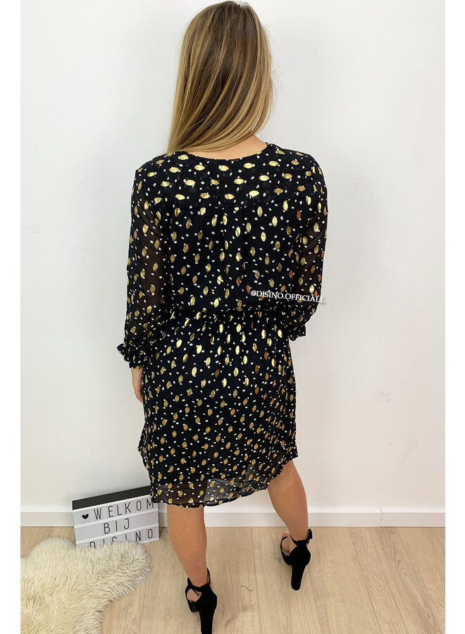 BLACK - 'JOLLY' - GOLD BRUSH DOTTED DRESS